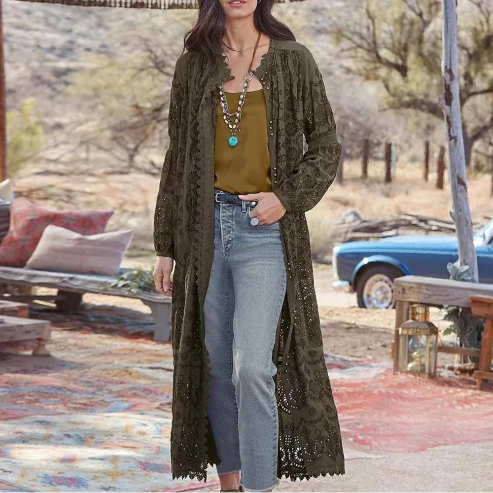 Sundance Delila Eyelet Duster Jacket Kimono PM Army Green Boho Festival - Picture 1 of 5